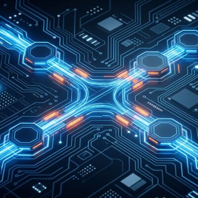 Abstract visualization of dbt Core v2 Fusion engine data transformation pipeline with Rust orange and blue accents
