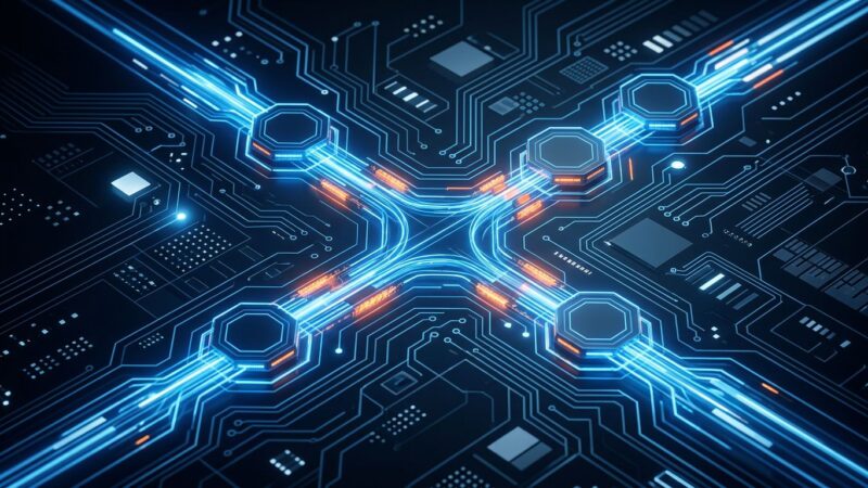 Abstract visualization of dbt Core v2 Fusion engine data transformation pipeline with Rust orange and blue accents