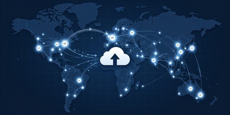 Cloudflare Drop edge network deployment visualization showing drag-and-drop file upload with global CDN nodes
