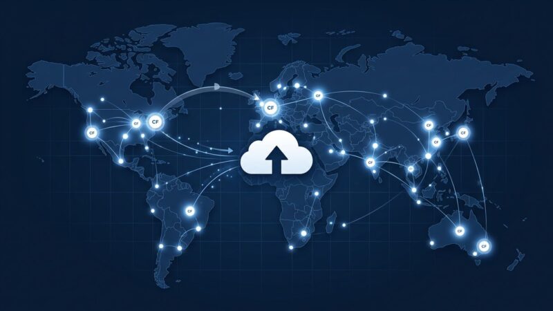 Cloudflare Drop edge network deployment visualization showing drag-and-drop file upload with global CDN nodes