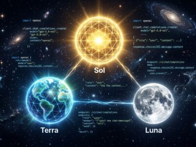 Three glowing orbs representing GPT-5.6 Sol Terra and Luna model tiers against a dark space background with code fragments