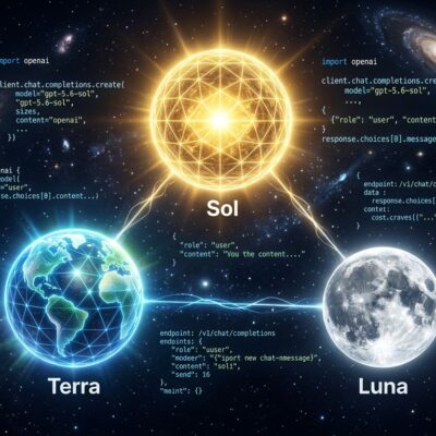 Three glowing orbs representing GPT-5.6 Sol Terra and Luna model tiers against a dark space background with code fragments