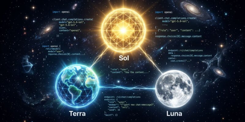 Three glowing orbs representing GPT-5.6 Sol Terra and Luna model tiers against a dark space background with code fragments