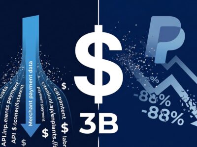 Split-screen illustration showing Stripe acquisition bid for PayPal with payment data visualization and 3 billion deal highlights