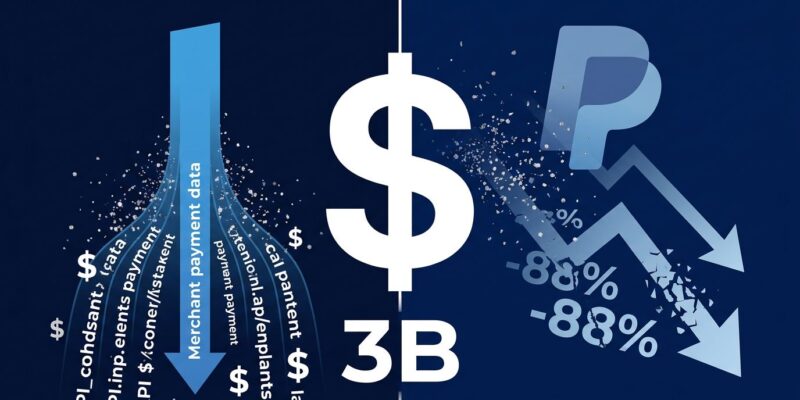 Split-screen illustration showing Stripe acquisition bid for PayPal with payment data visualization and 3 billion deal highlights