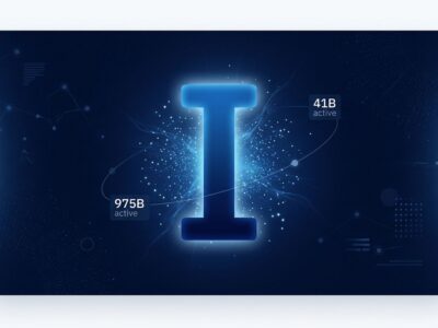 Bold conceptual illustration of Inkling open-weights AI model with parameter counts 975B and 41B active orbiting a central glowing letter I in blue and white