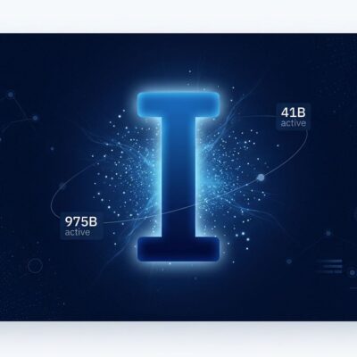 Bold conceptual illustration of Inkling open-weights AI model with parameter counts 975B and 41B active orbiting a central glowing letter I in blue and white