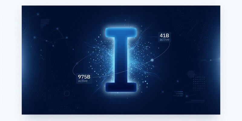 Bold conceptual illustration of Inkling open-weights AI model with parameter counts 975B and 41B active orbiting a central glowing letter I in blue and white