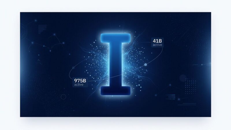 Bold conceptual illustration of Inkling open-weights AI model with parameter counts 975B and 41B active orbiting a central glowing letter I in blue and white
