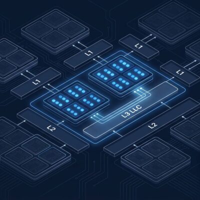 CPU cores organized in LLC cache domains illustrating Linux 7.2 Cache-Aware Scheduling