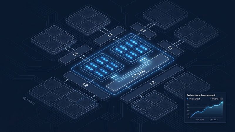 CPU cores organized in LLC cache domains illustrating Linux 7.2 Cache-Aware Scheduling