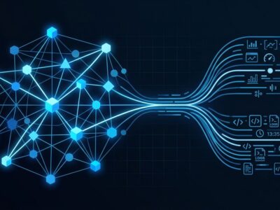 Abstract visualization of OpenSearch 3.7 vector search nodes and Prometheus metrics data flow with blue and white color scheme