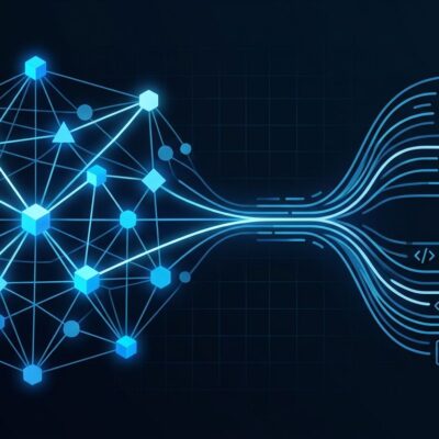 Abstract visualization of OpenSearch 3.7 vector search nodes and Prometheus metrics data flow with blue and white color scheme
