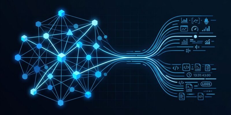 Abstract visualization of OpenSearch 3.7 vector search nodes and Prometheus metrics data flow with blue and white color scheme