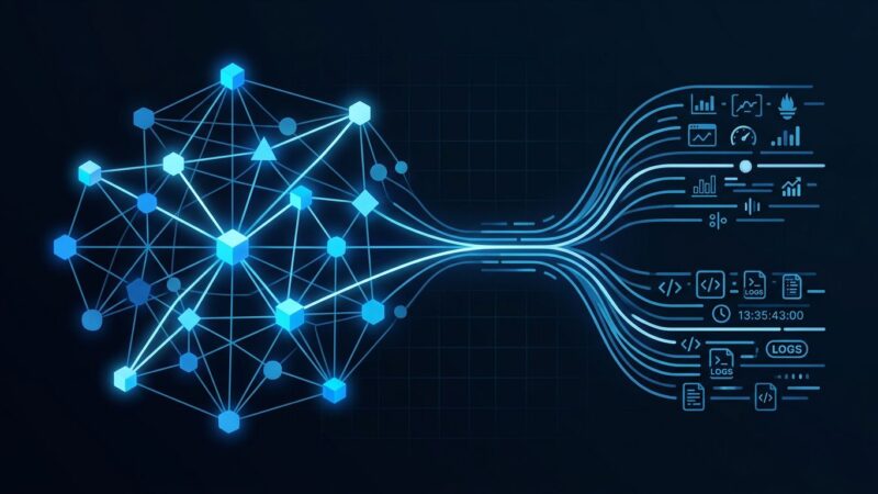 Abstract visualization of OpenSearch 3.7 vector search nodes and Prometheus metrics data flow with blue and white color scheme