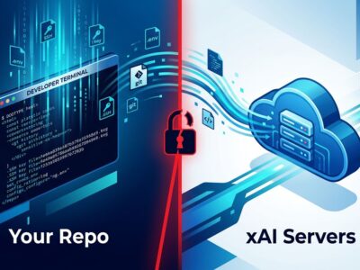 Split-screen showing developer code repository data leaking to xAI cloud servers, illustrating the Grok Build privacy breach