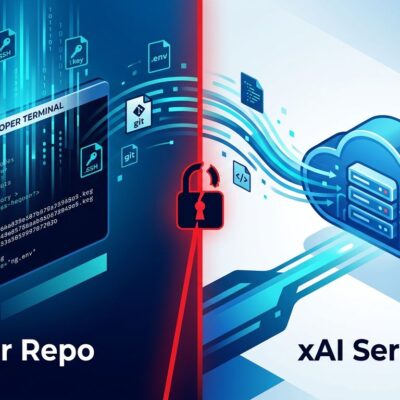 Split-screen showing developer code repository data leaking to xAI cloud servers, illustrating the Grok Build privacy breach