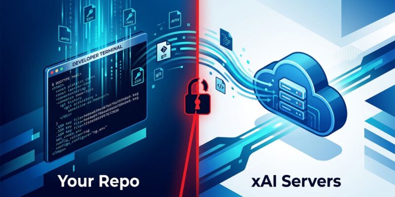 Split-screen showing developer code repository data leaking to xAI cloud servers, illustrating the Grok Build privacy breach