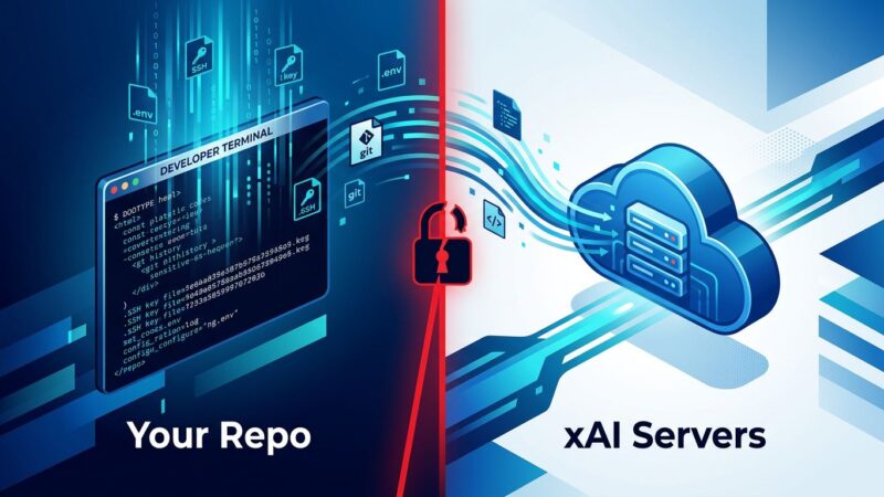 Split-screen showing developer code repository data leaking to xAI cloud servers, illustrating the Grok Build privacy breach