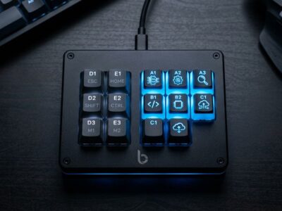 OpenAI Codex Micro programmable macro pad with blue and white RGB lighting showing AI agent status on a dark desk