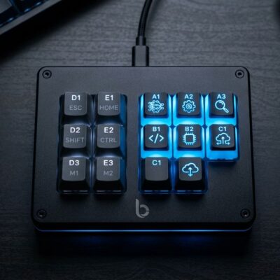 OpenAI Codex Micro programmable macro pad with blue and white RGB lighting showing AI agent status on a dark desk