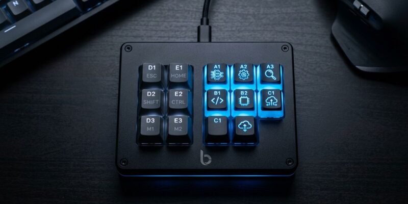 OpenAI Codex Micro programmable macro pad with blue and white RGB lighting showing AI agent status on a dark desk