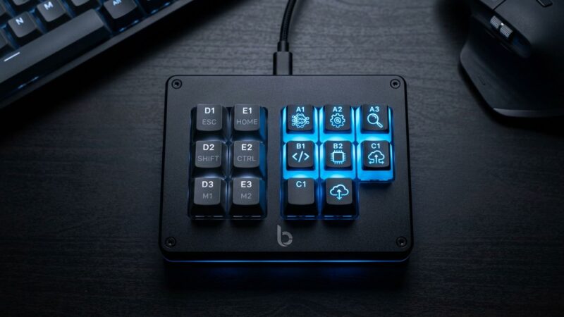 OpenAI Codex Micro programmable macro pad with blue and white RGB lighting showing AI agent status on a dark desk