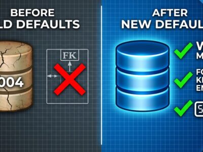 Split-screen illustration comparing SQLite's 2004-era broken defaults on the left with properly configured modern SQLite settings on the right
