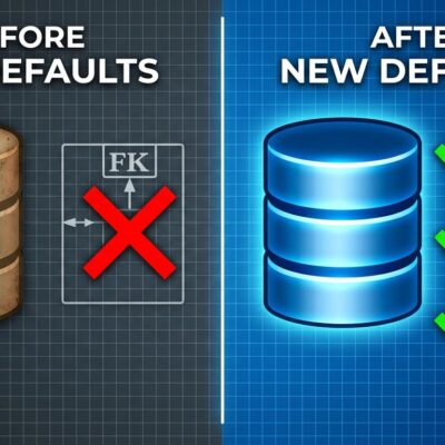 Split-screen illustration comparing SQLite's 2004-era broken defaults on the left with properly configured modern SQLite settings on the right