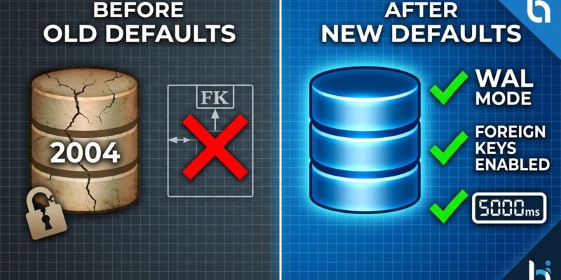 Split-screen illustration comparing SQLite's 2004-era broken defaults on the left with properly configured modern SQLite settings on the right