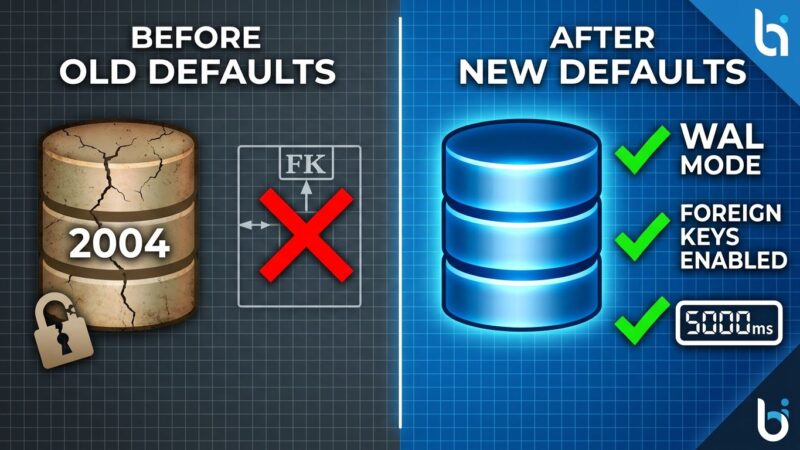 Split-screen illustration comparing SQLite's 2004-era broken defaults on the left with properly configured modern SQLite settings on the right