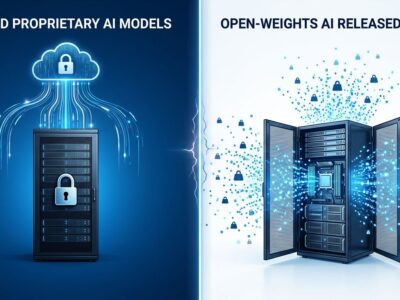 Split-screen illustration contrasting closed AI model servers locked behind a padlock on the left versus open-weights AI with freely flowing data particles on the right, representing Thinking Machines Inkling strategy