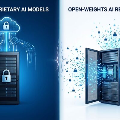 Split-screen illustration contrasting closed AI model servers locked behind a padlock on the left versus open-weights AI with freely flowing data particles on the right, representing Thinking Machines Inkling strategy