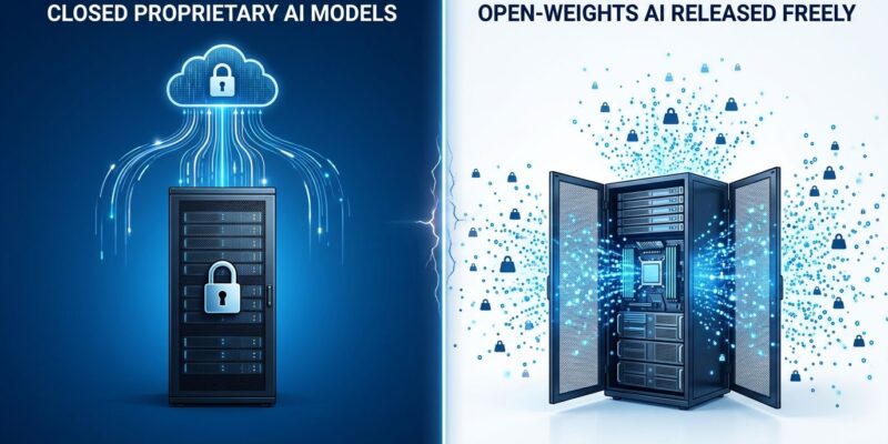 Split-screen illustration contrasting closed AI model servers locked behind a padlock on the left versus open-weights AI with freely flowing data particles on the right, representing Thinking Machines Inkling strategy