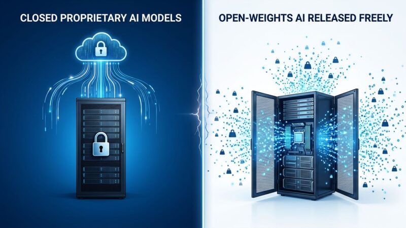 Split-screen illustration contrasting closed AI model servers locked behind a padlock on the left versus open-weights AI with freely flowing data particles on the right, representing Thinking Machines Inkling strategy