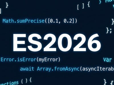 ECMAScript 2026 JavaScript specification featuring Math.sumPrecise, Error.isError and Array.fromAsync code snippets on dark blue background