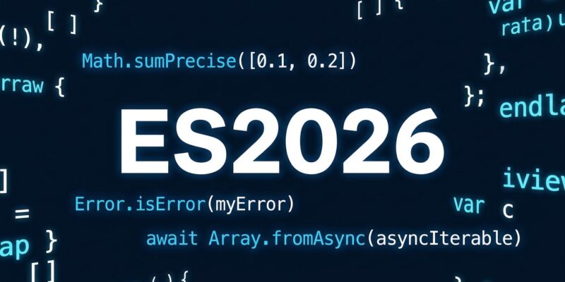 ECMAScript 2026 JavaScript specification featuring Math.sumPrecise, Error.isError and Array.fromAsync code snippets on dark blue background