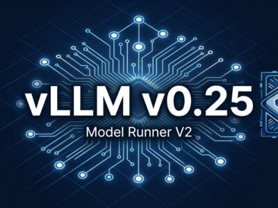 vLLM v0.25 release: Model Runner V2 becomes default, PagedAttention retired — architecture diagram with blue circuit board and GPU chip visual