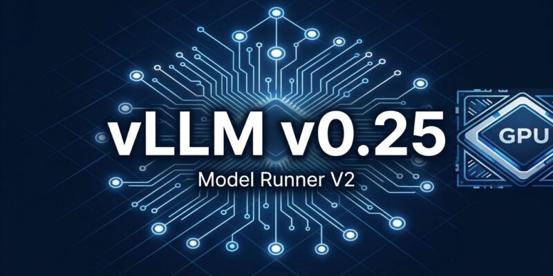 vLLM v0.25 release: Model Runner V2 becomes default, PagedAttention retired — architecture diagram with blue circuit board and GPU chip visual