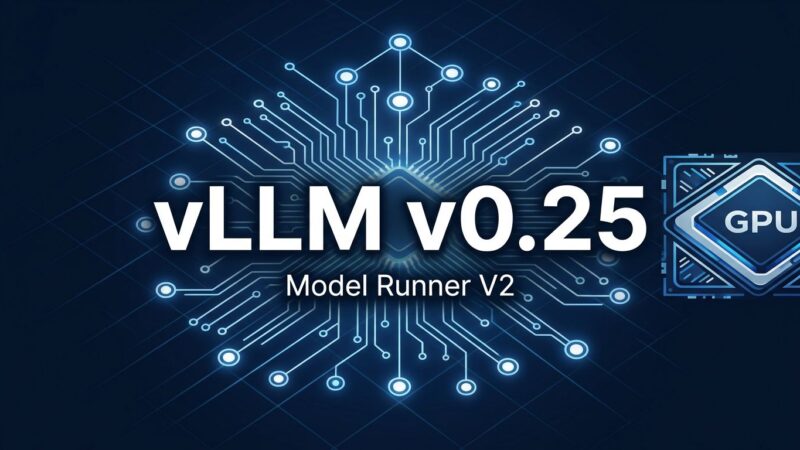 vLLM v0.25 release: Model Runner V2 becomes default, PagedAttention retired — architecture diagram with blue circuit board and GPU chip visual