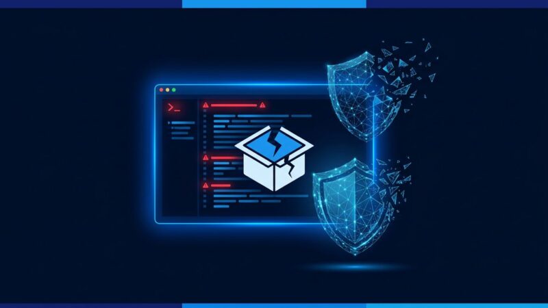 Cursor IDE with broken sandbox icon and red warning indicators representing the DuneSlide prompt injection RCE vulnerability CVE-2026-50548