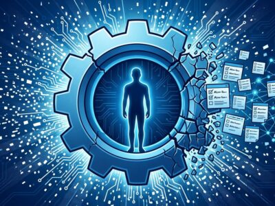 Mechanical gear with human silhouette fragmenting into AI neural network particles, representing the end of crowdsourced human labor on Amazon Mechanical Turk