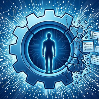 Mechanical gear with human silhouette fragmenting into AI neural network particles, representing the end of crowdsourced human labor on Amazon Mechanical Turk