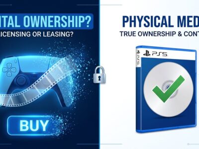 PlayStation controller with dissolving film strip next to a physical Blu-ray disc, representing the digital ownership vs physical media debate
