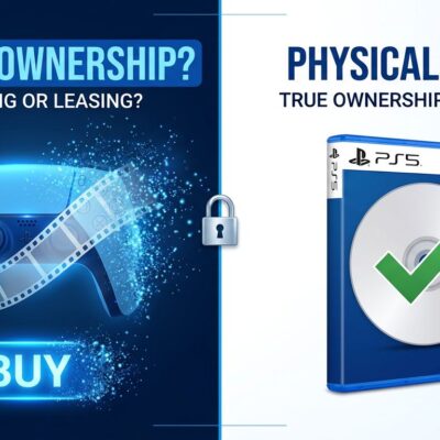 PlayStation controller with dissolving film strip next to a physical Blu-ray disc, representing the digital ownership vs physical media debate