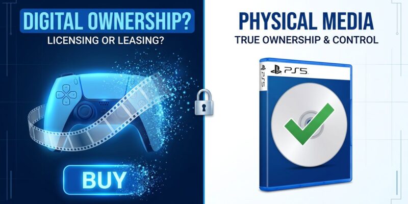 PlayStation controller with dissolving film strip next to a physical Blu-ray disc, representing the digital ownership vs physical media debate