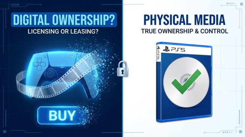 PlayStation controller with dissolving film strip next to a physical Blu-ray disc, representing the digital ownership vs physical media debate