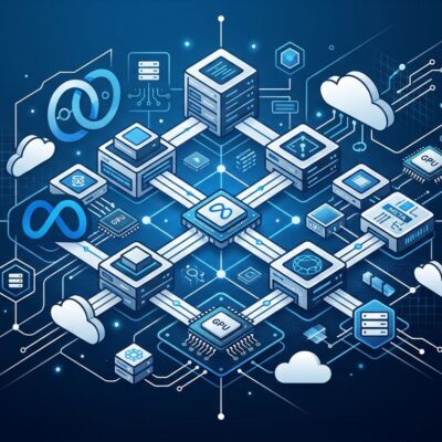 Meta Compute cloud GPU service infrastructure diagram with blue and white server nodes