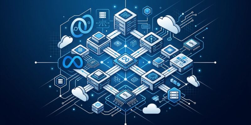 Meta Compute cloud GPU service infrastructure diagram with blue and white server nodes
