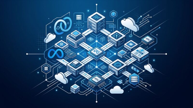 Meta Compute cloud GPU service infrastructure diagram with blue and white server nodes
